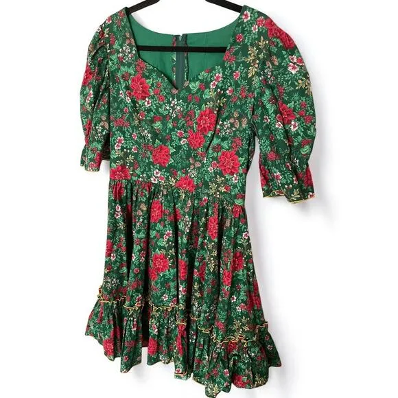 Vintage Poinsettia Christmas Holiday Dress Pinecone Ruffled Full Skirt Handmade