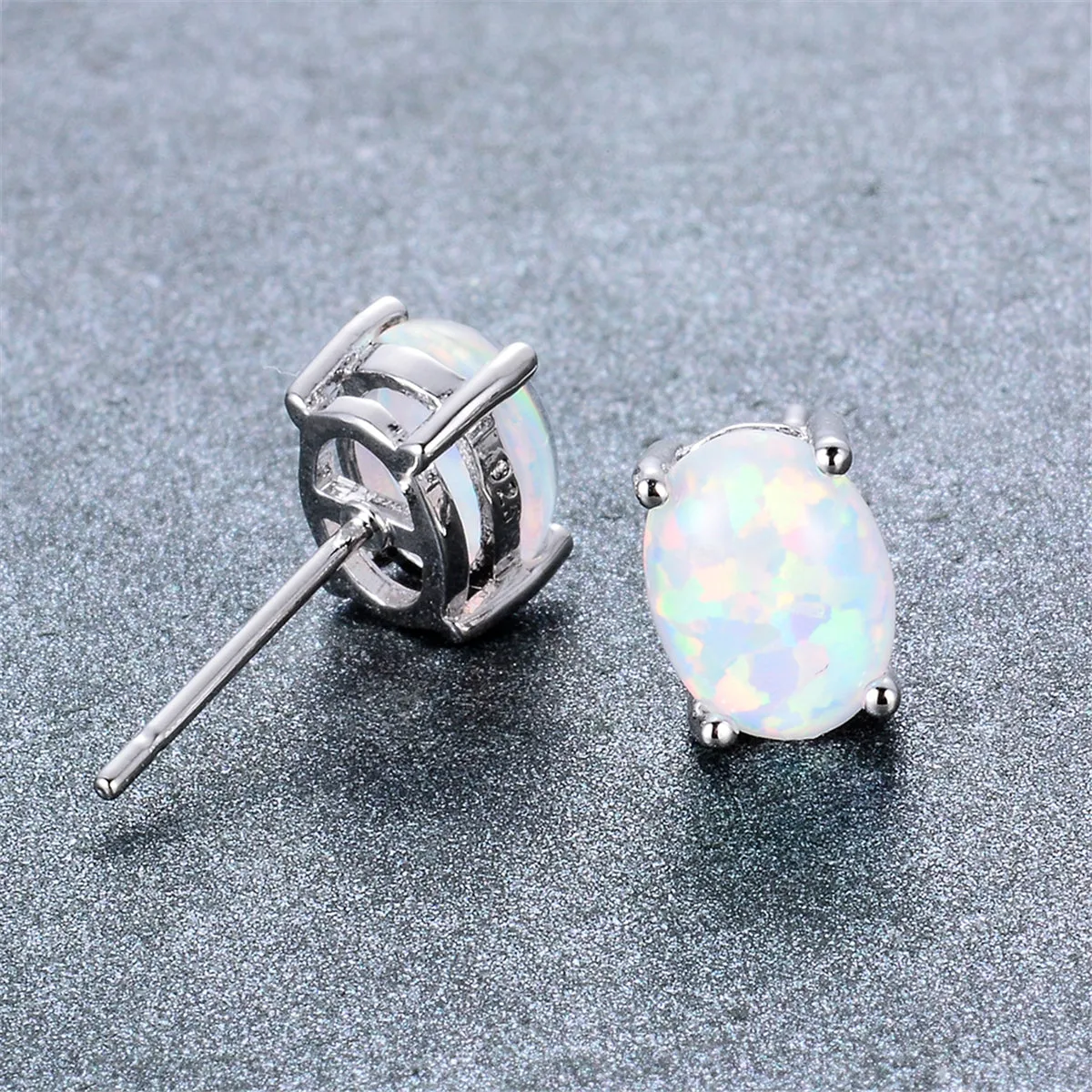 White Opal & Silver-Plated Oval Stud Earrings