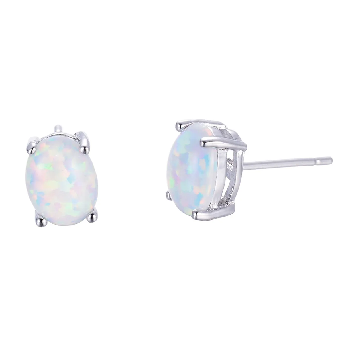 White Opal & Silver-Plated Oval Stud Earrings