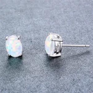 White Opal & Silver-Plated Oval Stud Earrings