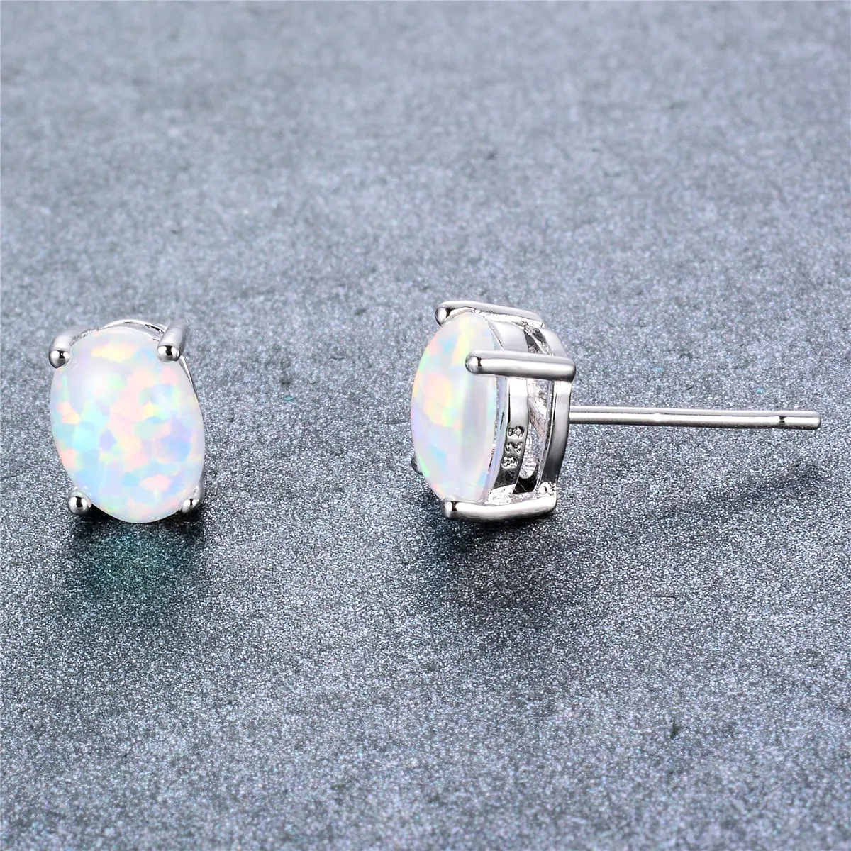 White Opal & Silver-Plated Oval Stud Earrings