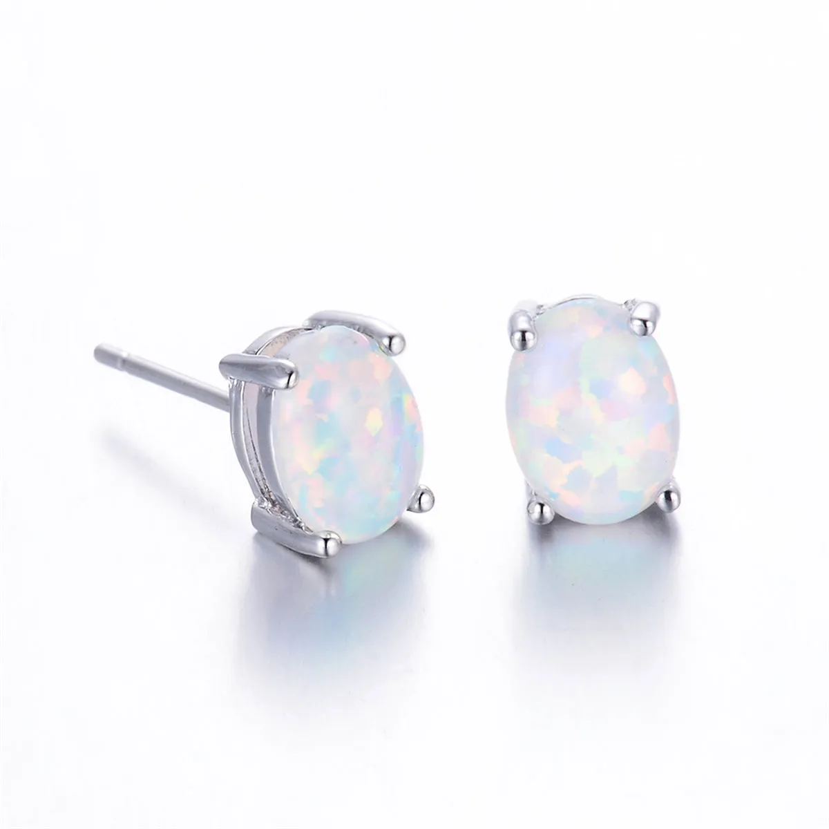 White Opal & Silver-Plated Oval Stud Earrings