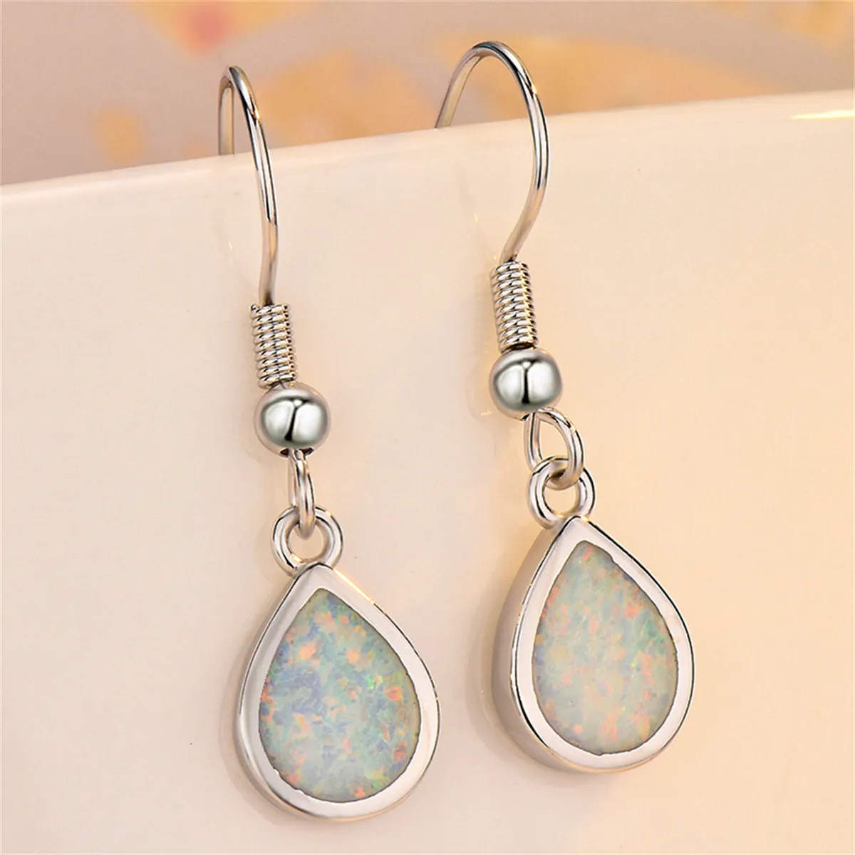 White Opal & Silver-Plated Teardrop Earrings