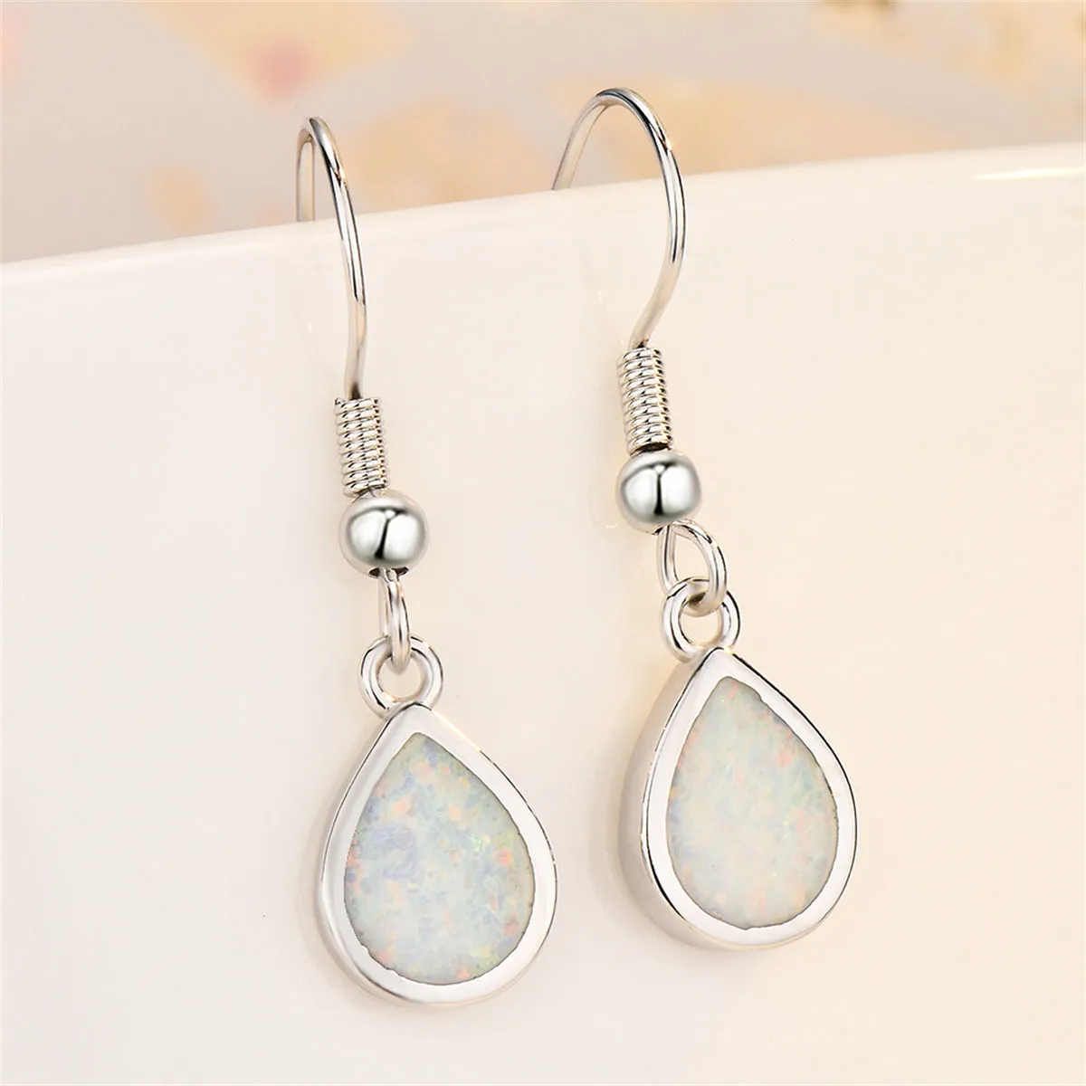 White Opal & Silver-Plated Teardrop Earrings