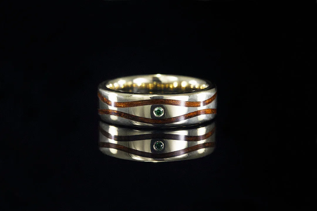 WINDSWEPT HAWAIIAN KOA RING WITH DROPS OF APPLE GREEN DIAMONDS