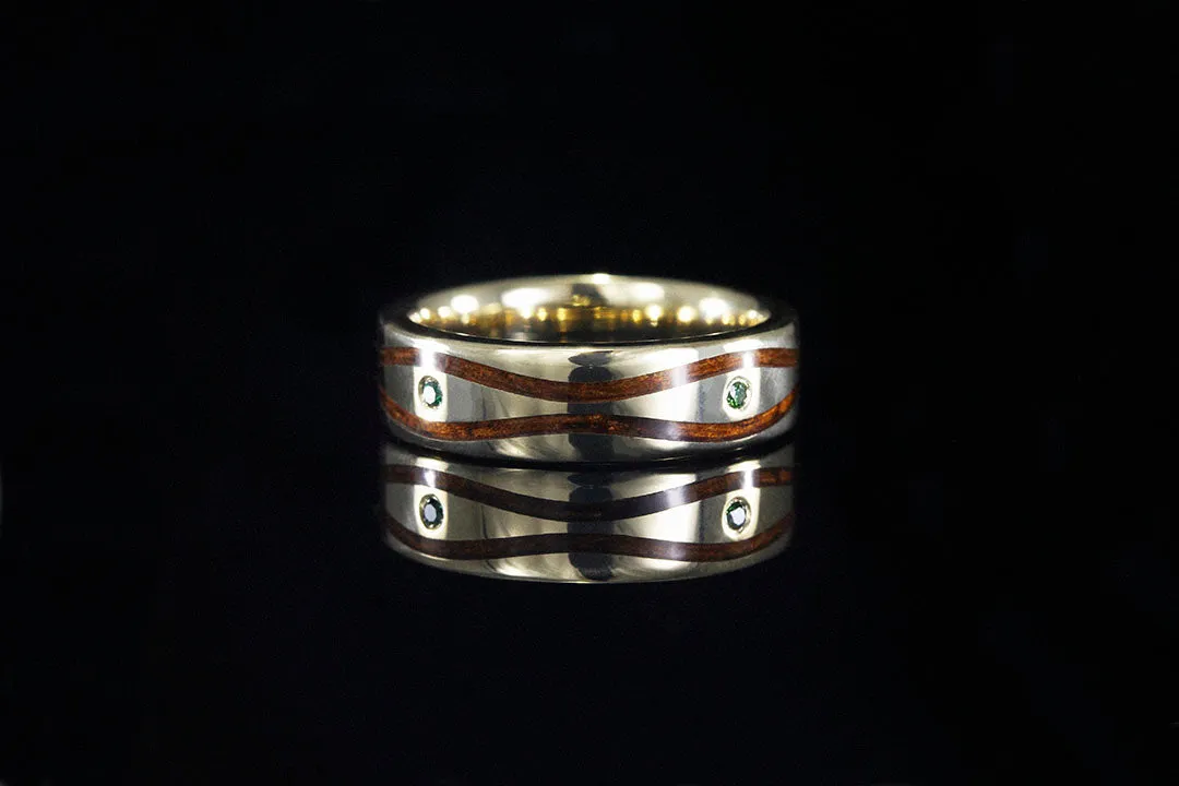 WINDSWEPT HAWAIIAN KOA RING WITH DROPS OF APPLE GREEN DIAMONDS