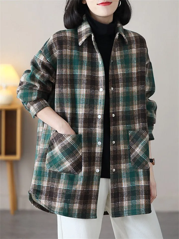 Winter Warm Plush Lining Long Sleeve Plaid Jacket for Women