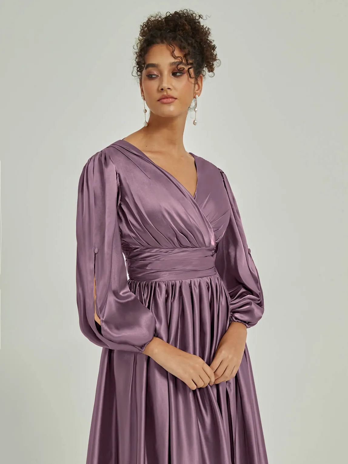 Wisteria Satin 3/4 Long Slit Sleeve V-Neck Slit Pleated Bridesmaid Dress