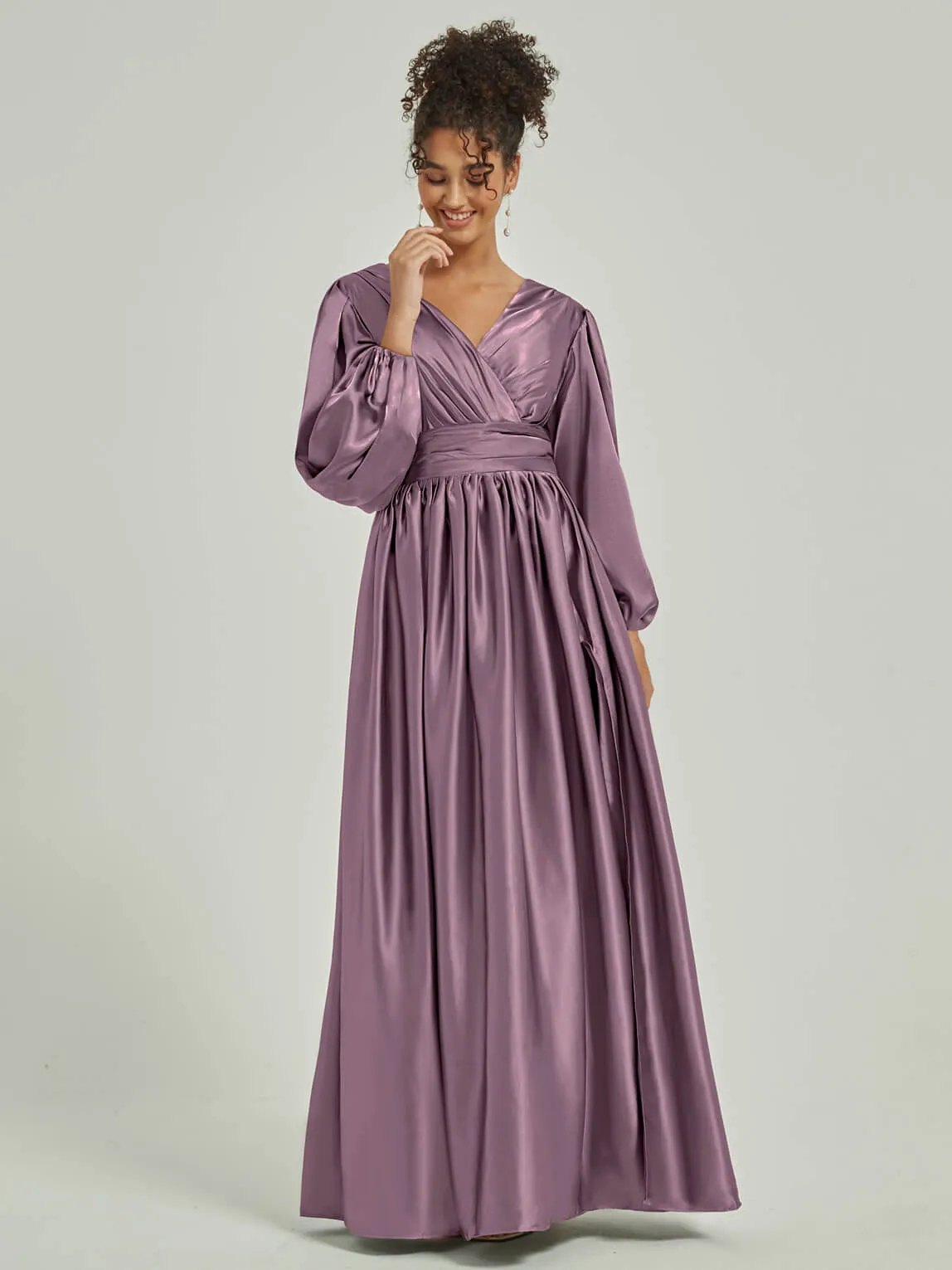 Wisteria Satin 3/4 Long Slit Sleeve V-Neck Slit Pleated Bridesmaid Dress