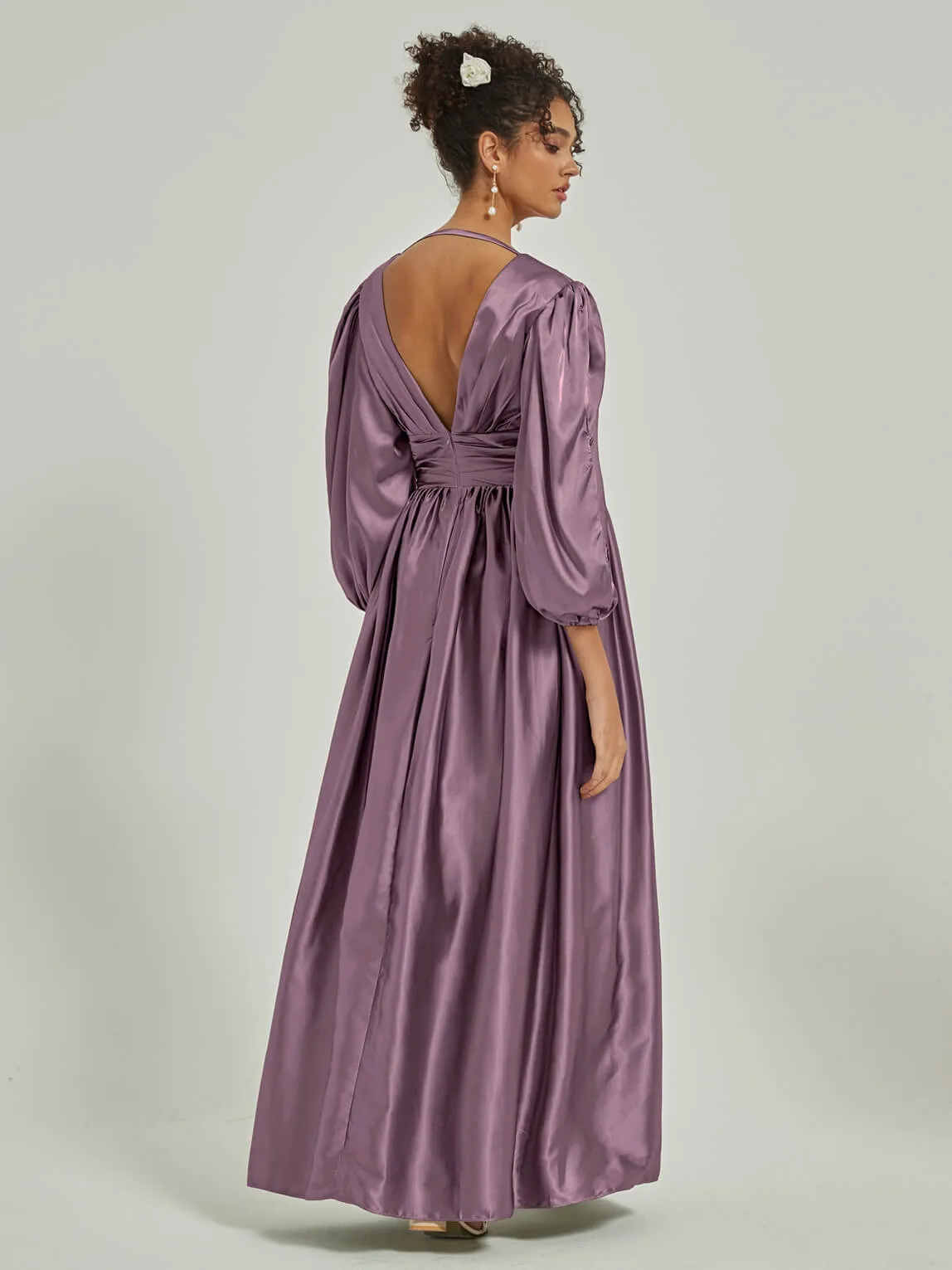 Wisteria Satin 3/4 Long Slit Sleeve V-Neck Slit Pleated Bridesmaid Dress