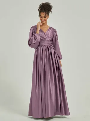 Wisteria Satin 3/4 Long Slit Sleeve V-Neck Slit Pleated Bridesmaid Dress