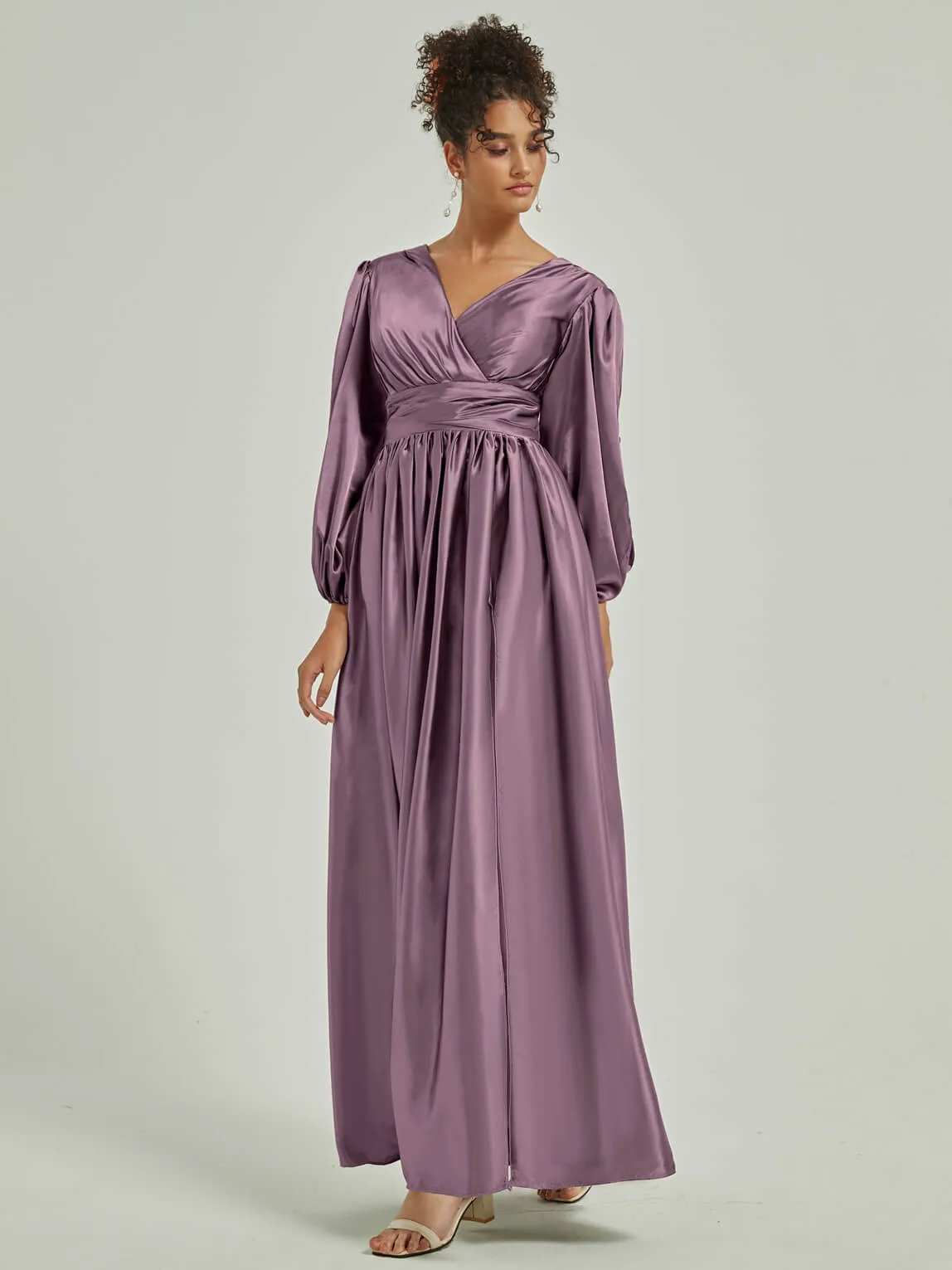 Wisteria Satin 3/4 Long Slit Sleeve V-Neck Slit Pleated Bridesmaid Dress