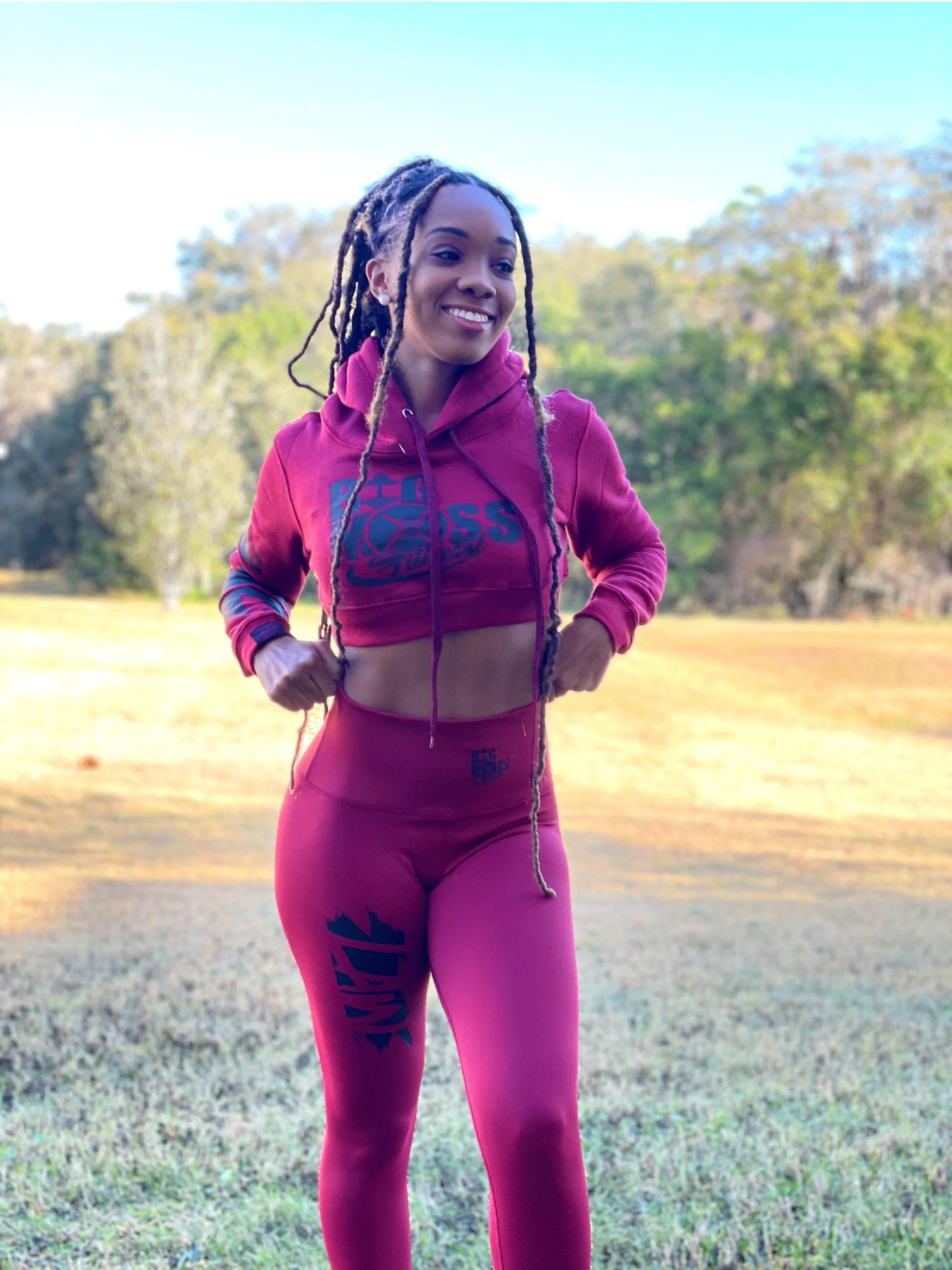 Women Big Moss Fitness Crop Top Hoodie (Burgundy/Black)