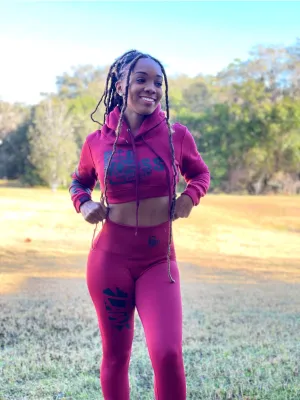 Women Big Moss Fitness Crop Top Hoodie (Burgundy/Black)