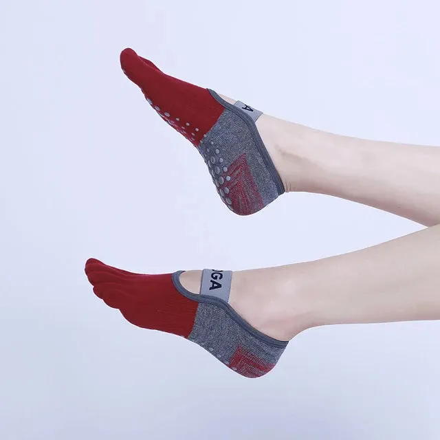 Women Breathable Pilates Socks - Five Toe Silicone Non-Slip Yoga Socks, Bandage Ballet Dance Ladies Fitness Sports Cotton Sock