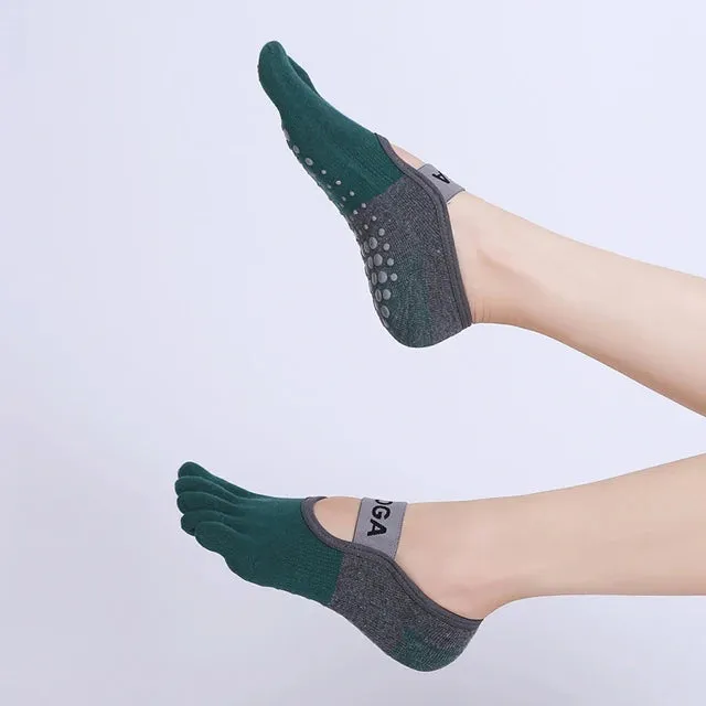 Women Breathable Pilates Socks - Five Toe Silicone Non-Slip Yoga Socks, Bandage Ballet Dance Ladies Fitness Sports Cotton Sock