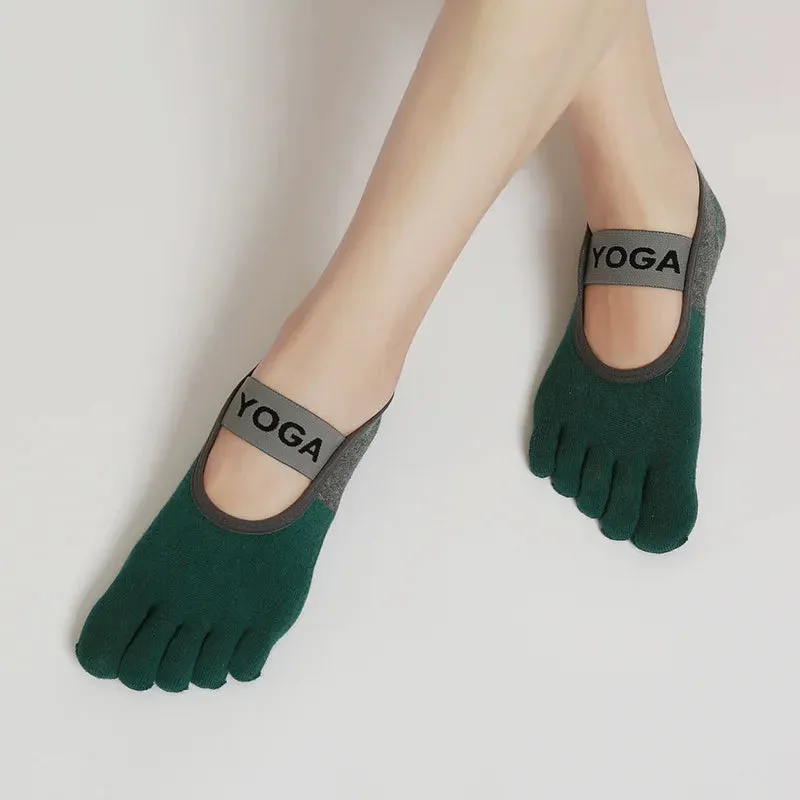 Women Breathable Pilates Socks - Five Toe Silicone Non-Slip Yoga Socks, Bandage Ballet Dance Ladies Fitness Sports Cotton Sock