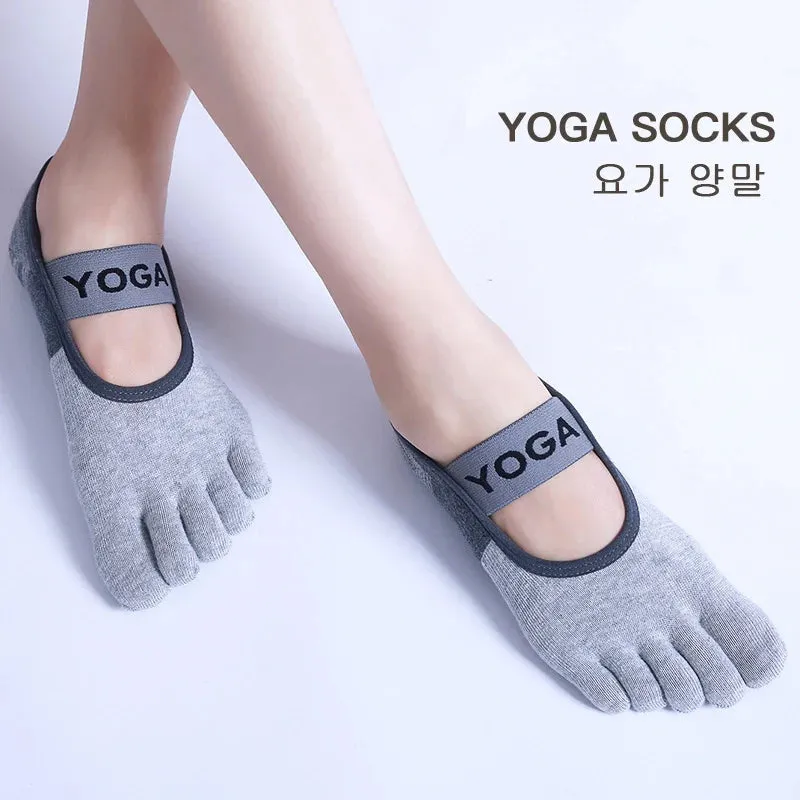 Women Breathable Pilates Socks - Five Toe Silicone Non-Slip Yoga Socks, Bandage Ballet Dance Ladies Fitness Sports Cotton Sock