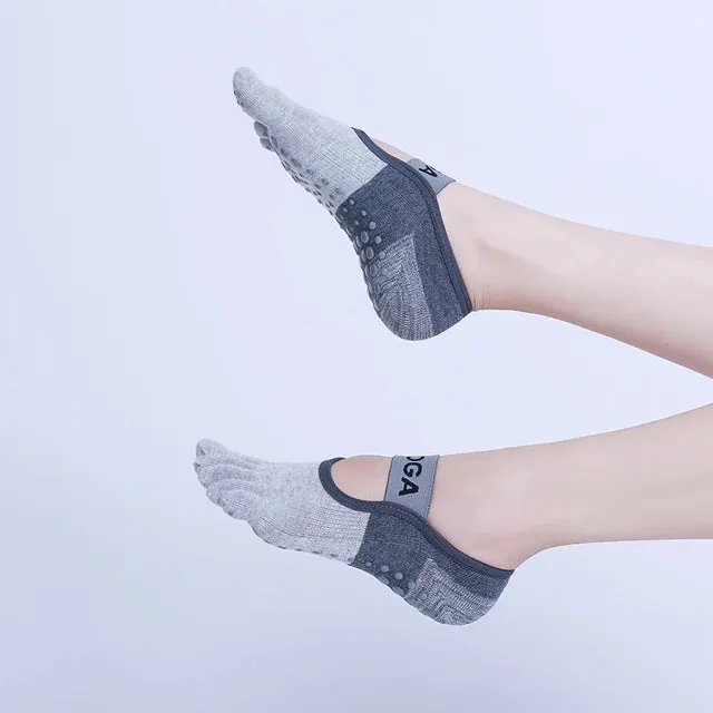 Women Breathable Pilates Socks - Five Toe Silicone Non-Slip Yoga Socks, Bandage Ballet Dance Ladies Fitness Sports Cotton Sock