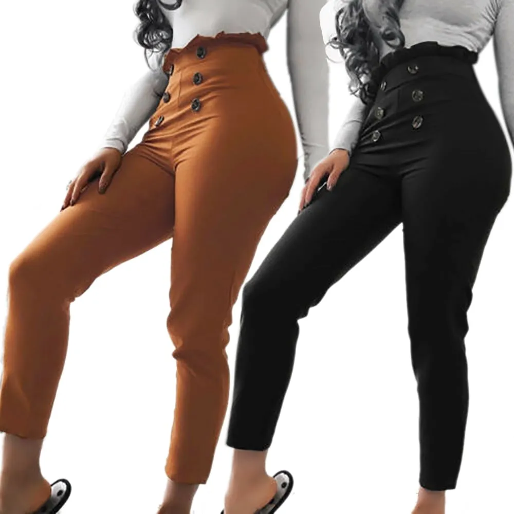Women High Waist Sexy Button Raise Hip Casual Trousers