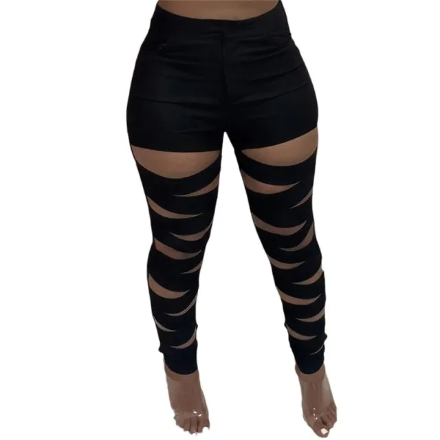 Women Solid Distressed Hollow Out Pencil Pants -High Waist Stretchy Fashion Casual Ankle Length
