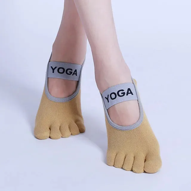 Women Yoga Socks - Five Toe Silicone Non-Slip Pilates Socks, Breathable Bandage Ballet Dance Ladies Fitness Sports Cotton Sock