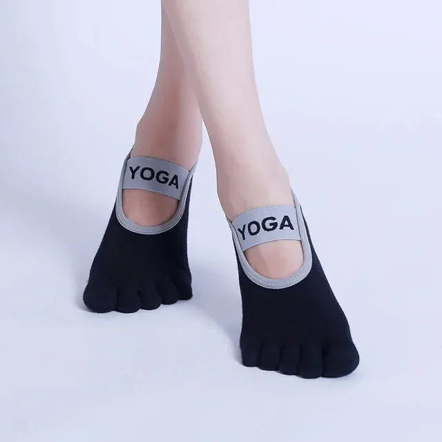 Women Yoga Socks - Five Toe Silicone Non-Slip Pilates Socks, Breathable Bandage Ballet Dance Ladies Fitness Sports Cotton Sock