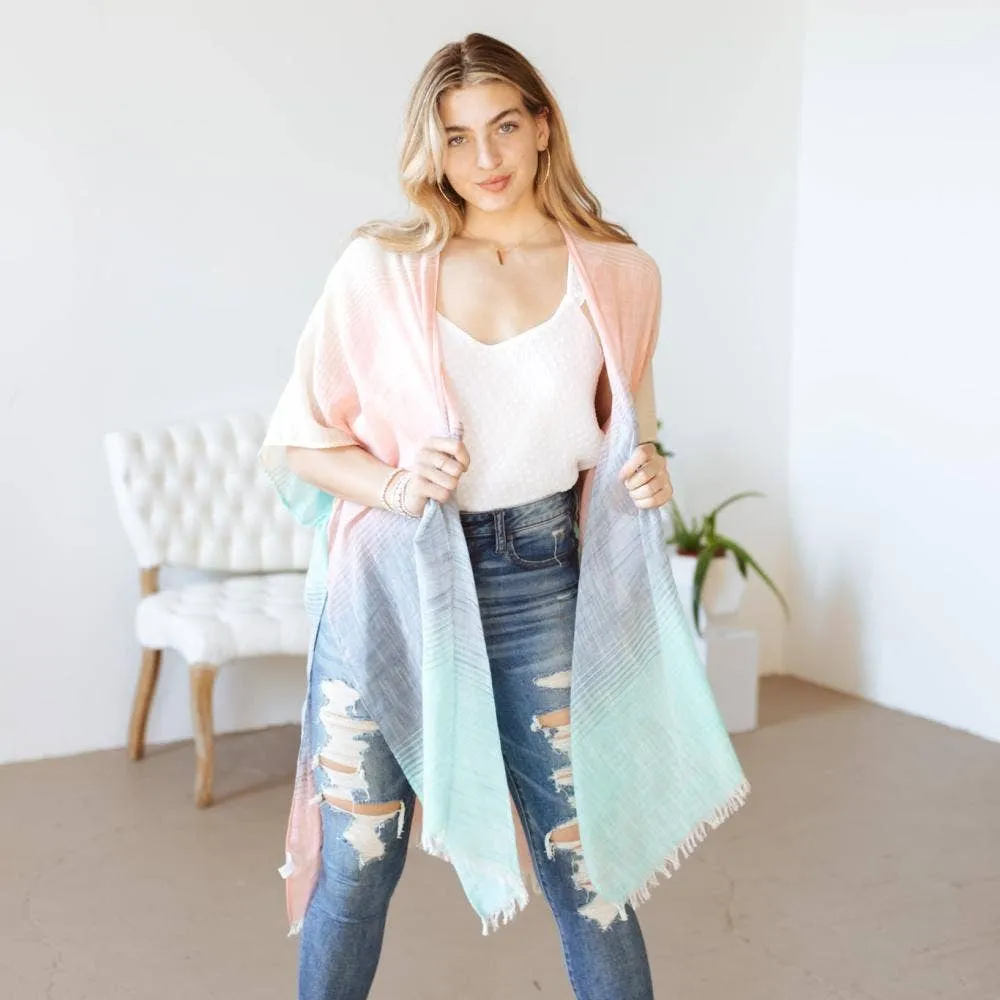 Women's blush and turquoise ombre Print Kimono chawl sweater - O/S