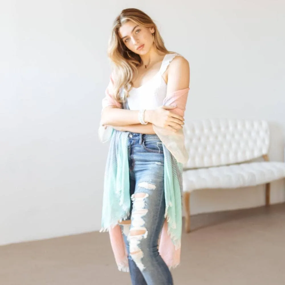 Women's blush and turquoise ombre Print Kimono chawl sweater - O/S