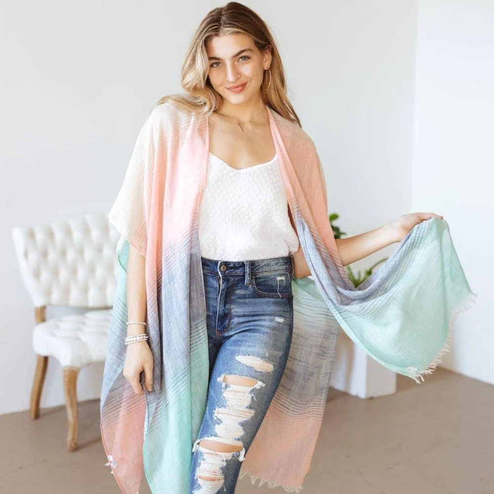 Women's blush and turquoise ombre Print Kimono chawl sweater - O/S