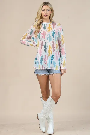 Women's Cactus Print Mock Neck Mesh Top