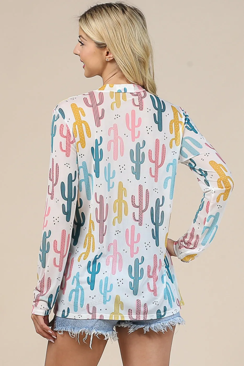 Women's Cactus Print Mock Neck Mesh Top
