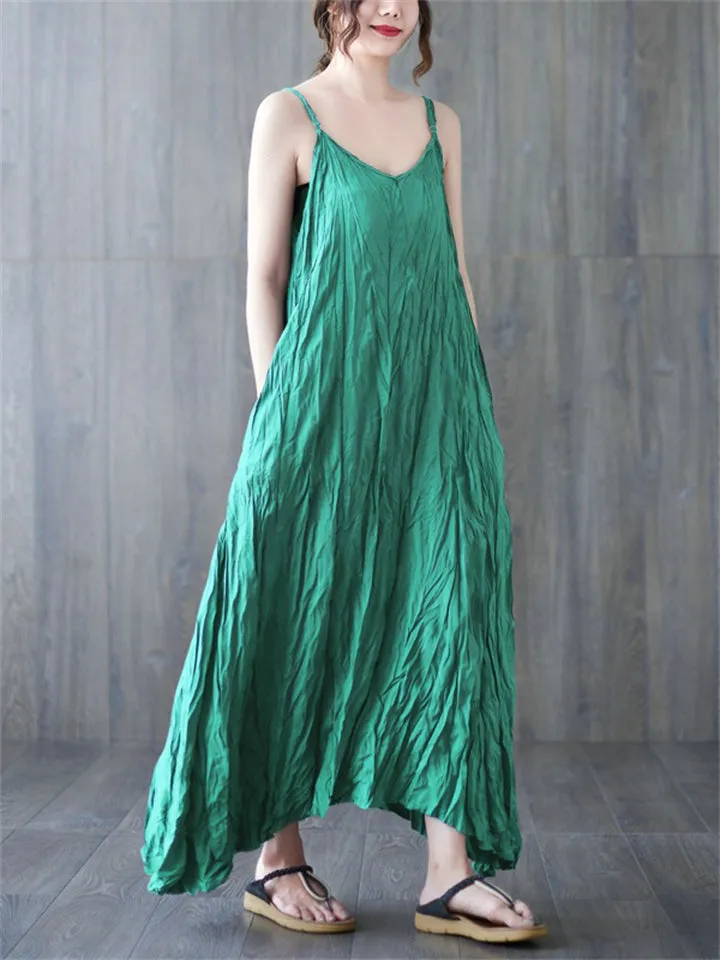 Women's Casual Backless Pleated Strappy Midi Dress