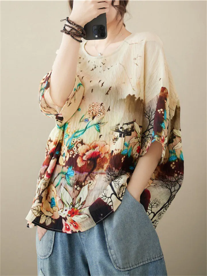 Women's Casual Round Neck Half Sleeve Oversized Print Shirt