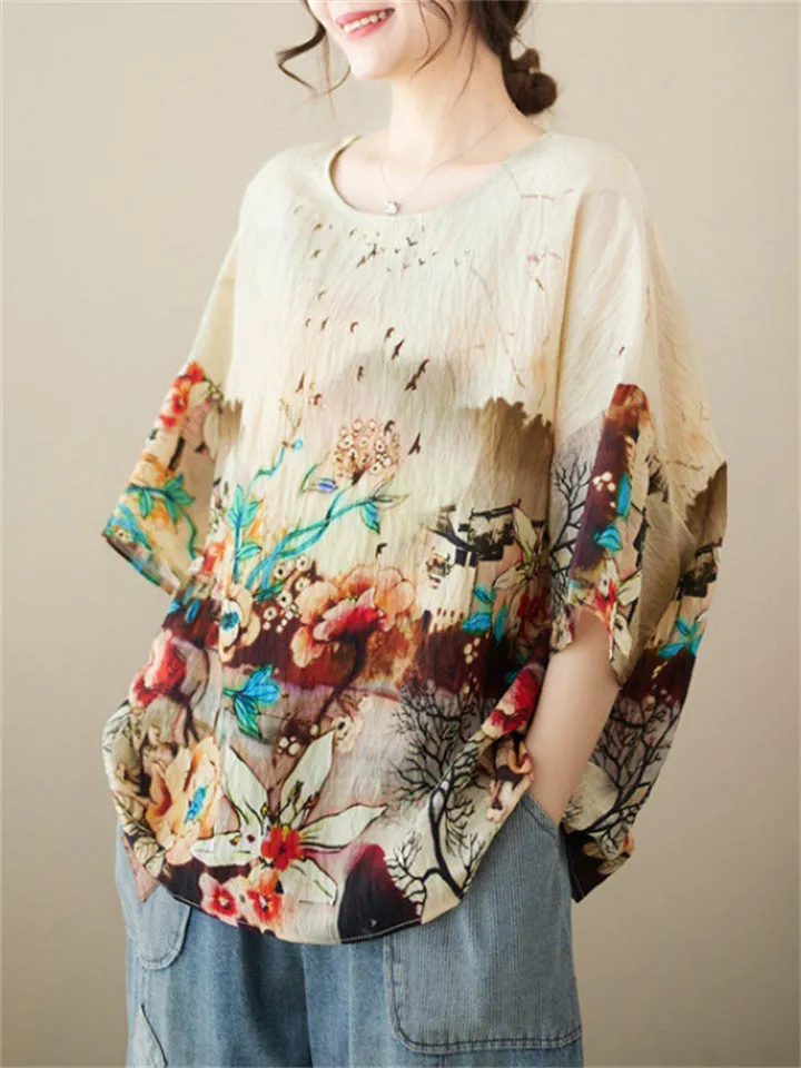 Women's Casual Round Neck Half Sleeve Oversized Print Shirt