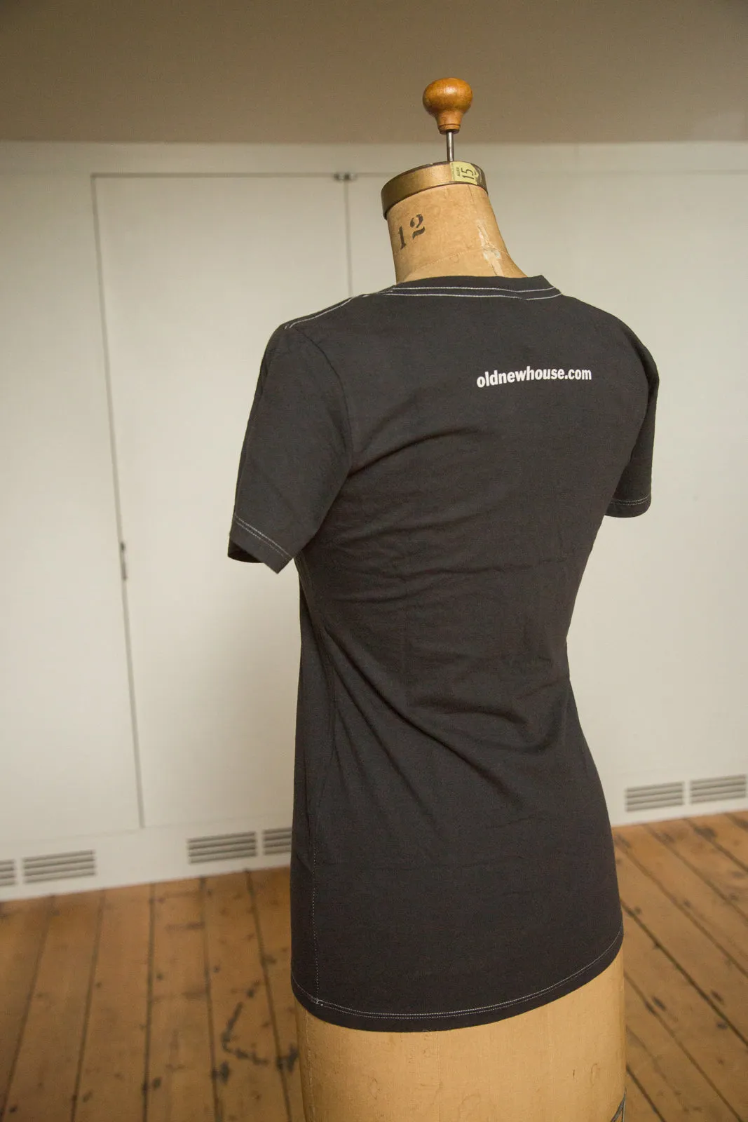 Women's Charcoal Block Letter Fine Scoop Neck T-Shirt (Contrast Stitch)