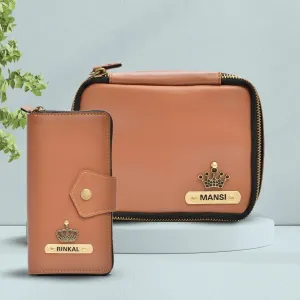 Women's Combo - Mini Makeup Kit & zip around lady Wallet(Tan)
