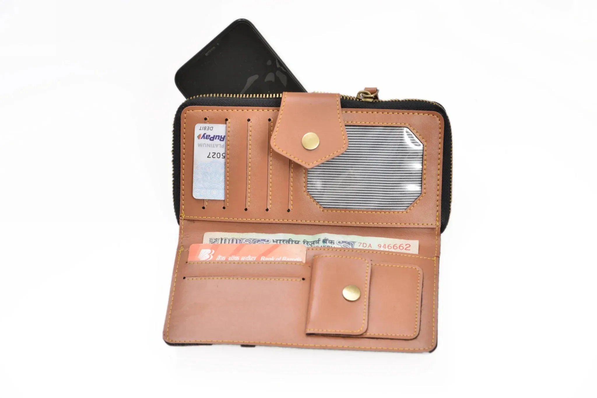 Women's Combo - Mini Makeup Kit & zip around lady Wallet(Tan)
