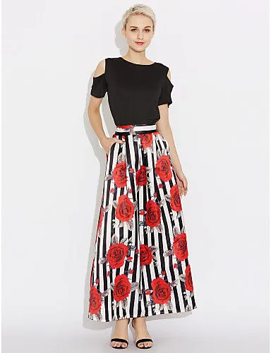 Women's Holiday Cotton Two Piece Dress - Striped Floral Print Maxi