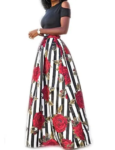 Women's Holiday Cotton Two Piece Dress - Striped Floral Print Maxi