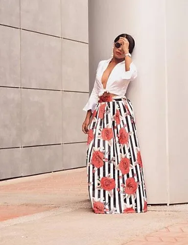 Women's Holiday Cotton Two Piece Dress - Striped Floral Print Maxi