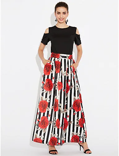 Women's Holiday Cotton Two Piece Dress - Striped Floral Print Maxi