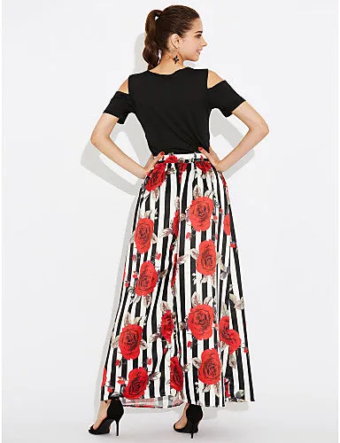Women's Holiday Cotton Two Piece Dress - Striped Floral Print Maxi