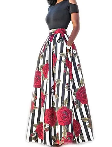 Women's Holiday Cotton Two Piece Dress - Striped Floral Print Maxi