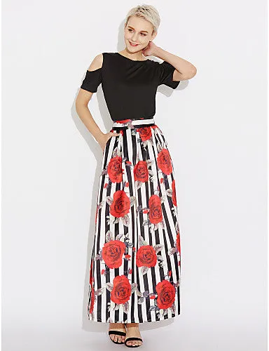 Women's Holiday Cotton Two Piece Dress - Striped Floral Print Maxi