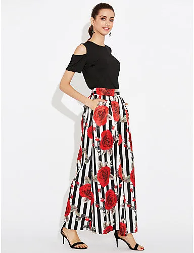 Women's Holiday Cotton Two Piece Dress - Striped Floral Print Maxi
