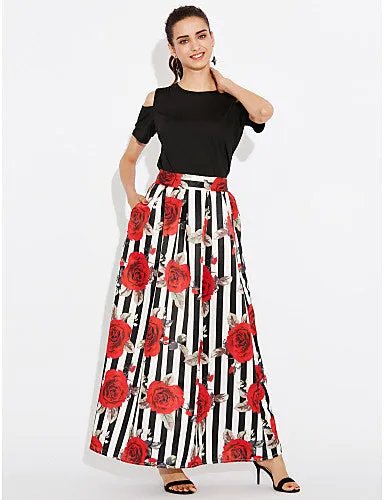 Women's Holiday Cotton Two Piece Dress - Striped Floral Print Maxi