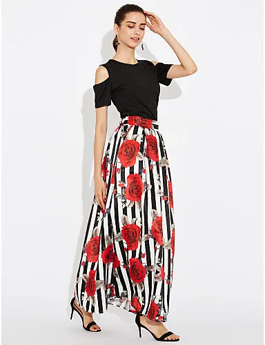 Women's Holiday Cotton Two Piece Dress - Striped Floral Print Maxi