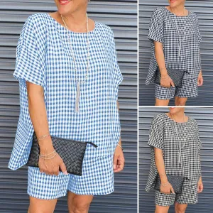 Women's Loose Fitting Gingham Plaid Shorts Set