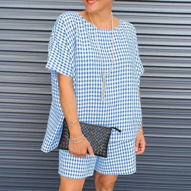 Women's Loose Fitting Gingham Plaid Shorts Set